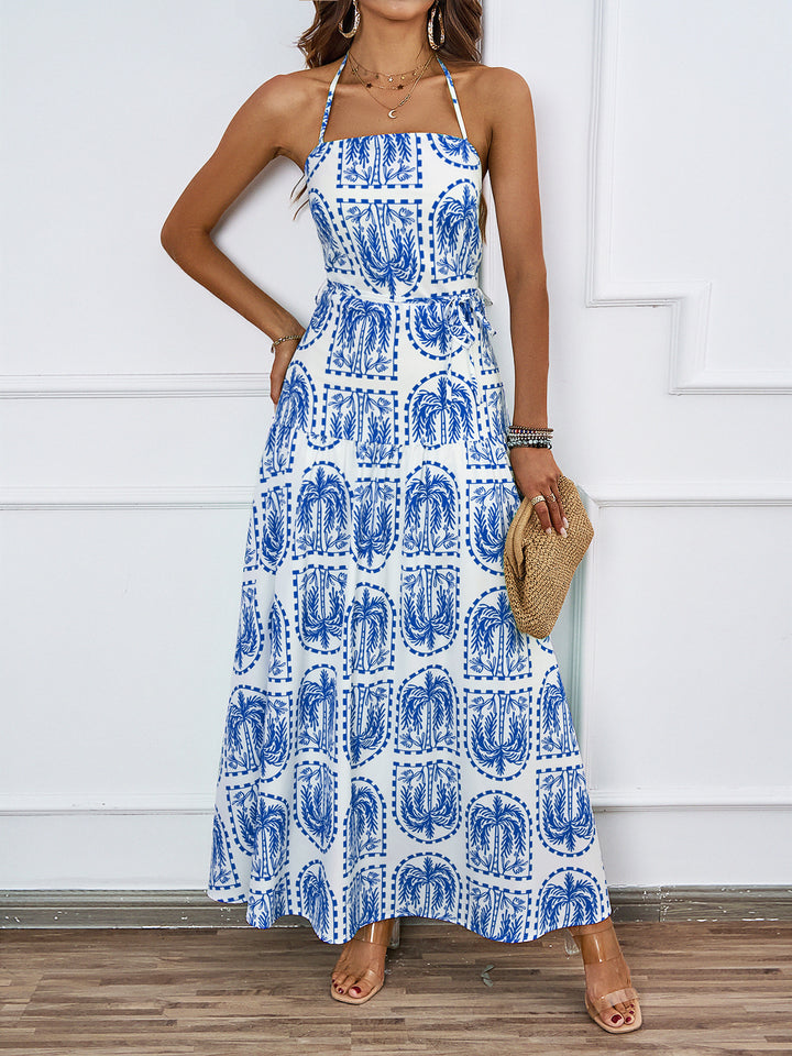 Robe maxi femme avec imprimé graphique fin et col halter ajustable Levoire