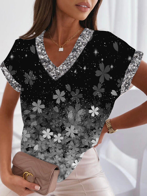 Levoire | T-shirt imprimé tendance à col en V et manches chauve-souris Gris