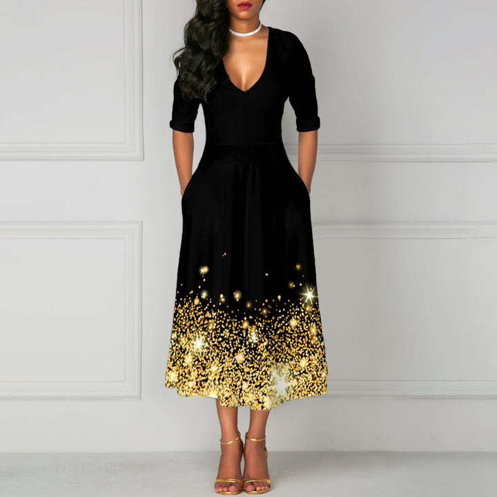 Levoire | Robe à poches à col en V imprimé chic à cinq manches Or