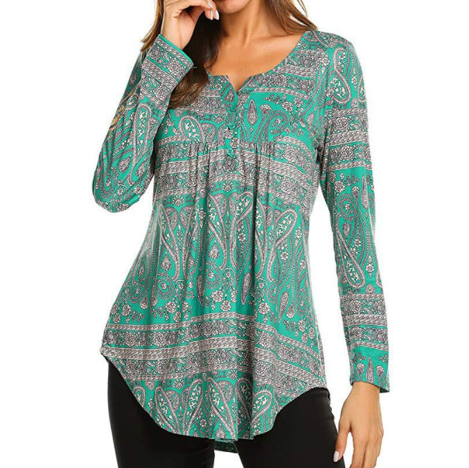 Levoire | Top Cashew Top à Manches Longues en Soie de Lait Fond vert motif floral de taille abricot