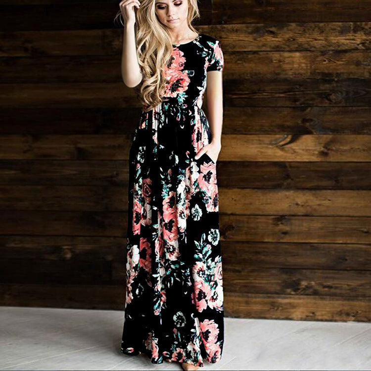 Levoire | Robe à fleurs Robe longue Robe à fleurs Jupe large Robe t-shirts à manches courtes noires