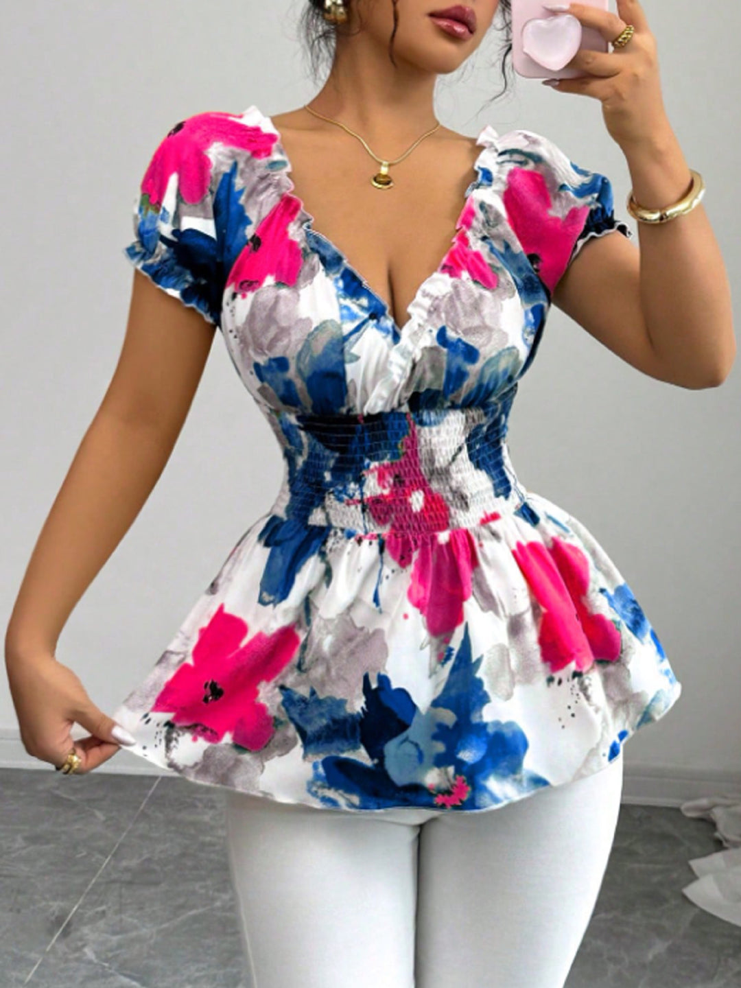Blouse femme avec volants floraux et taille élastique Levoire