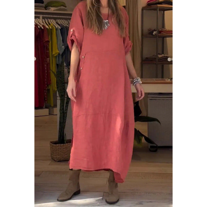 Levoire | Robe en coton-lin à manches courtes unie relaxante et ample rouge cerise