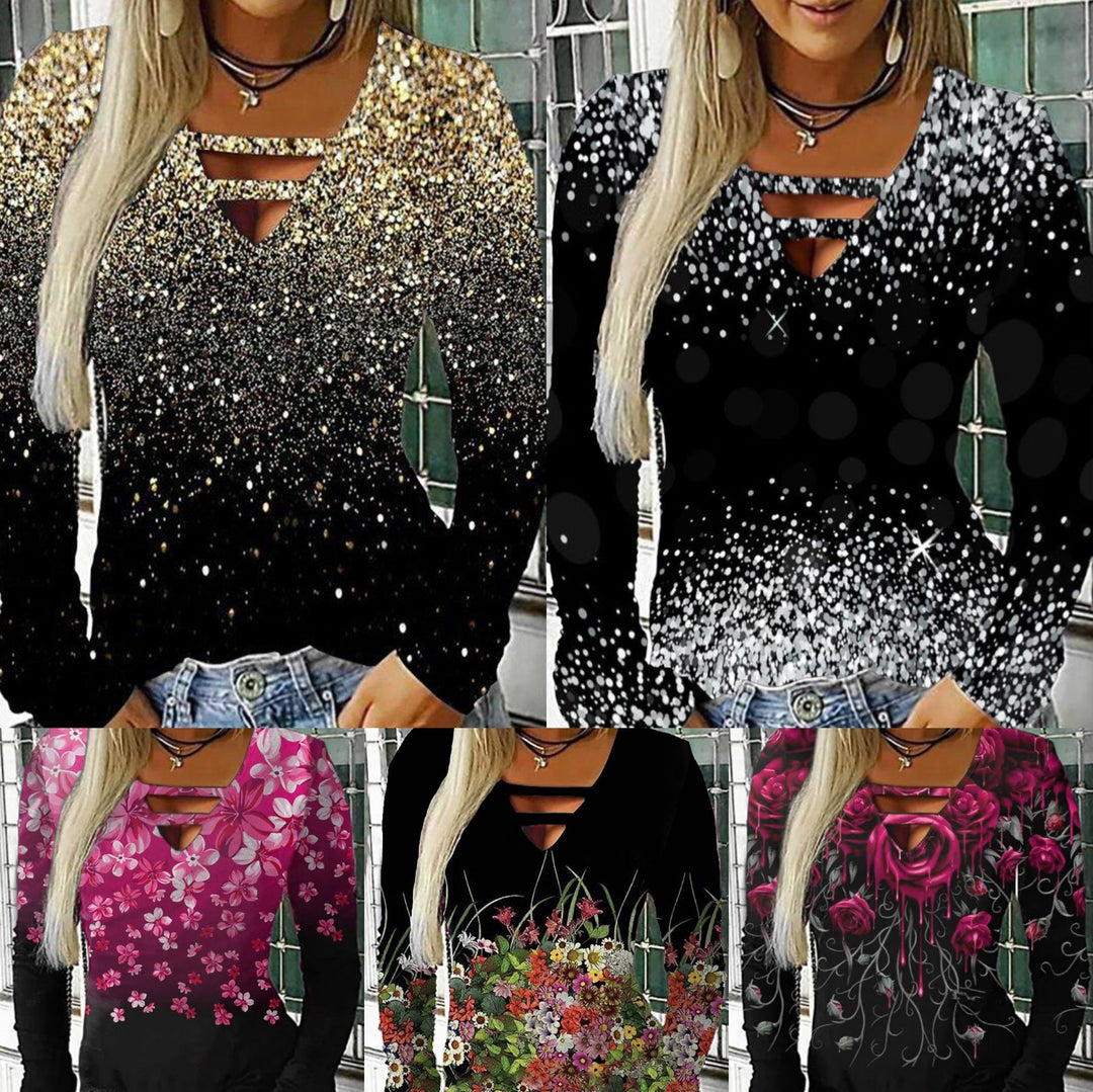 Levoire | T-shirt à manches longues à col en V à rayures doubles imprimées tendance