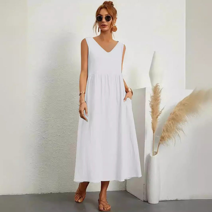 Levoire | Élégant été unicolore sans manches à poches robe V neck