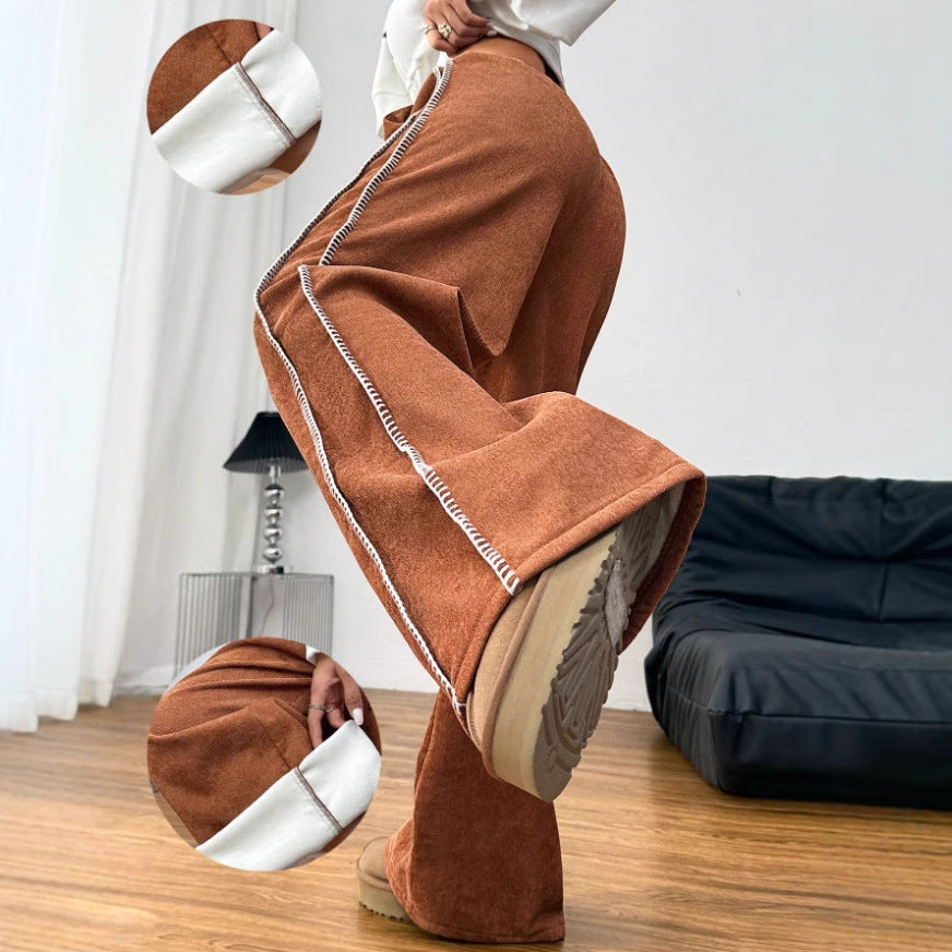 Pantalons décontractés à coupe large pour femmes en velours doux avec une taille élastique et un cordon décoratif Levoire