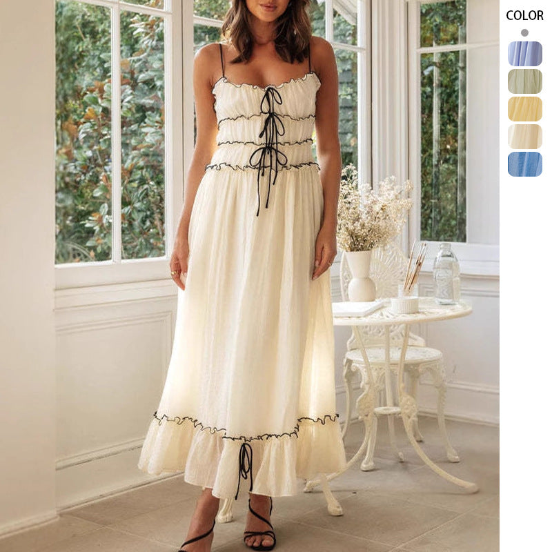 Robe maxi aérienne pour femmes avec détails volants et liens ajustables Levoire