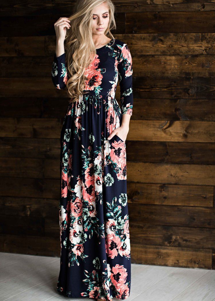 Levoire | Robe à fleurs Robe longue Robe à fleurs Jupe large Robe Bleu À manches longues
