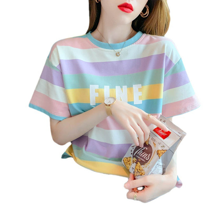 T-shirt femme avec motif rayé coloré et lettrage créatif Levoire