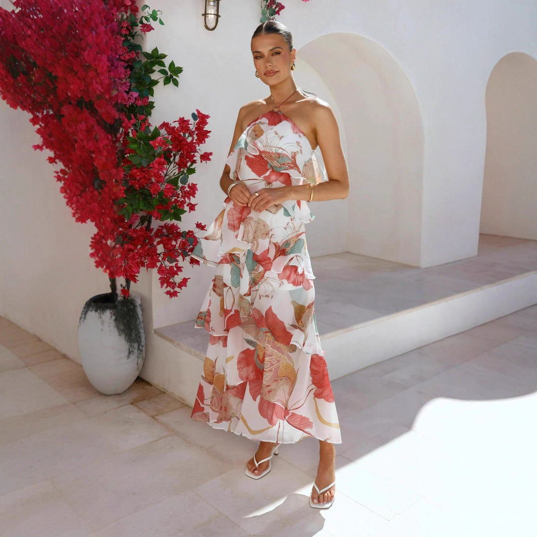 Robe maxi femme avec superposition élégante et volants floraux Levoire