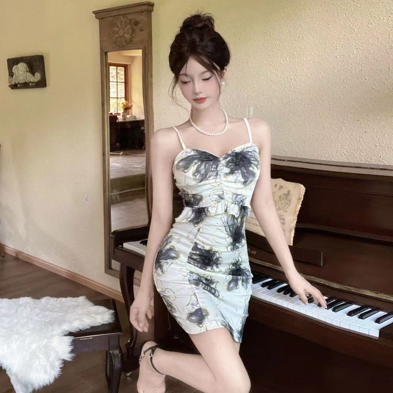 Levoire | Robe Bodycon Sexy à Bretelles Spaghetti Fleurs noires