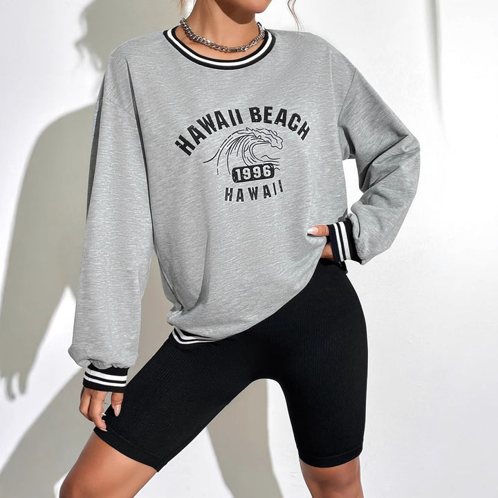 Sweatshirt décontracté pour femmes avec motif imprimé Hawaii et épaules tombantes Levoire