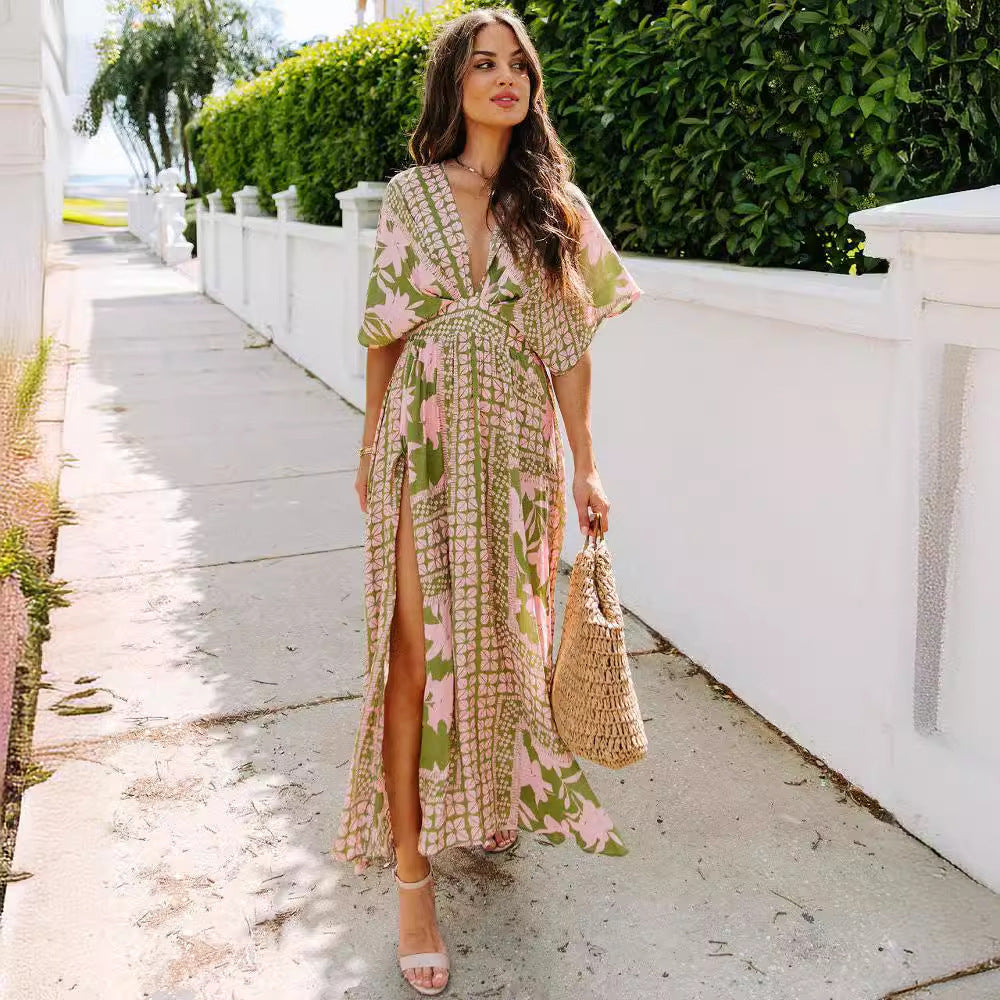 Robe Maxi Femme avec Décolleté en V Profond et Fente Latérale Levoire