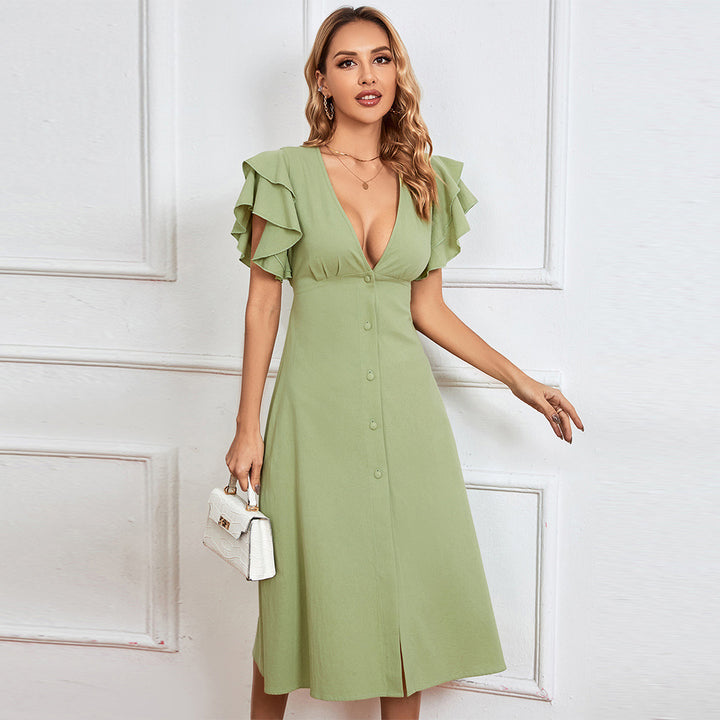 Robe midi élégante pour femme avec détails en volants et patte de boutonnage Levoire