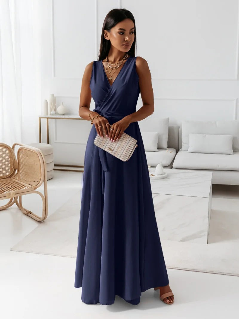 Levoire | Robe Maxi Sans Manches À Décolleté En V Délicat Pour Femmes Bleu marine