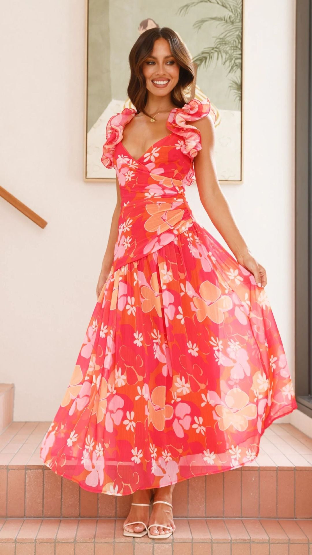 Robe maxi fluide pour femme avec volants volumineux et décolleté en V Levoire