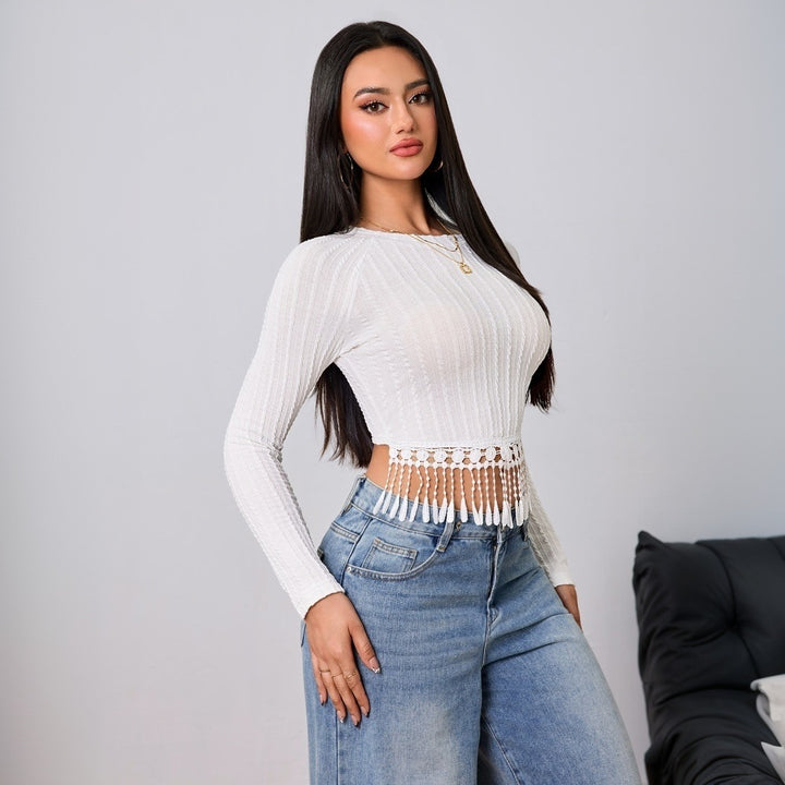 Chemise à manches longues écourtée pour femmes avec des détails de franges spéciaux Levoire