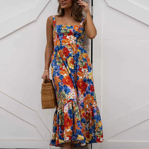Levoire | Robe Longue Avec Encolure Carrée Et Motif Floral Vivant