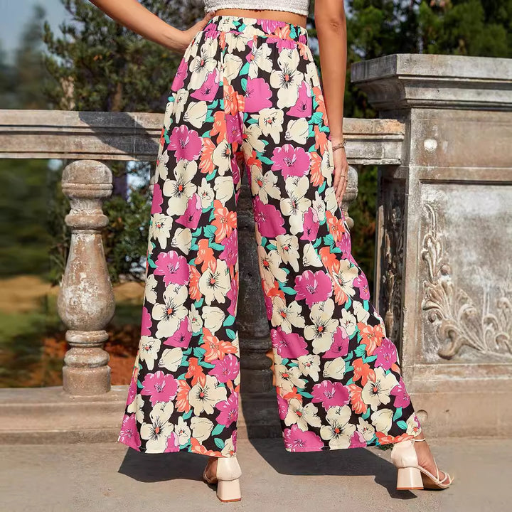 Pantalons palazzo légers pour femmes avec motif floral coloré et taille élastique Levoire