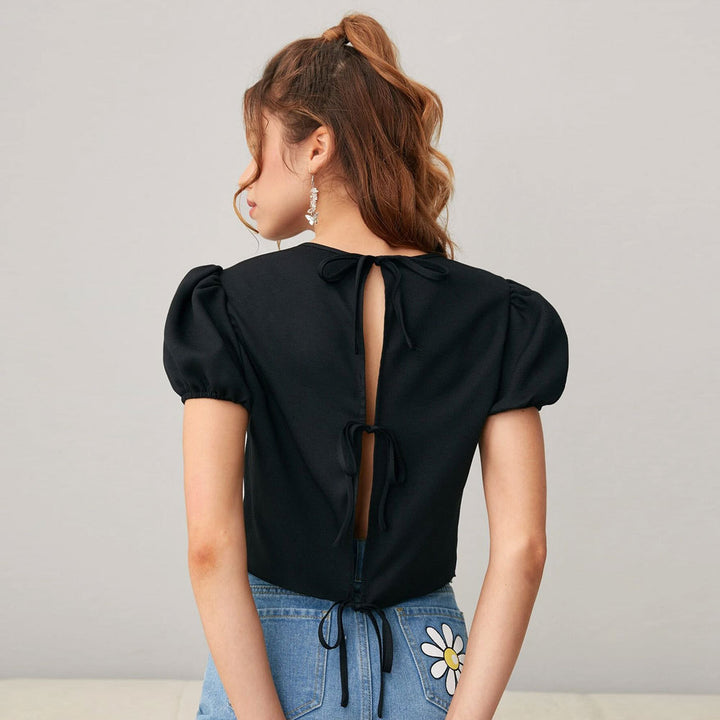 Femme Top Court avec Manches Bouffantes et Col Rond Doux Levoire