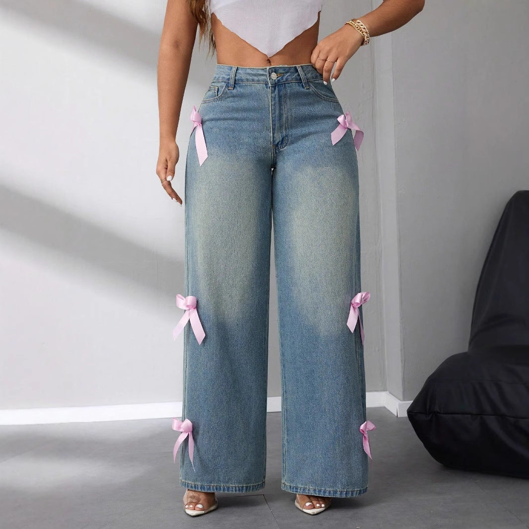 Jeans larges femmes taille haute avec appliqués en forme de nœud décoratifs Levoire