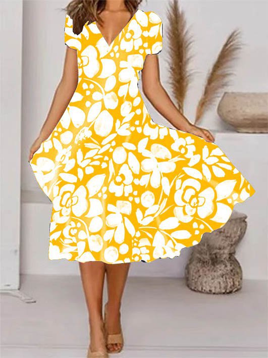 Levoire | Robe à manches courtes avec décolleté en V à imprimé floral élégant Jaune