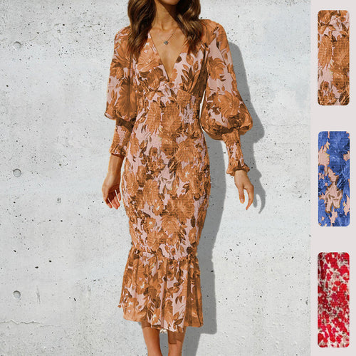 Robes Bodycon pour femmes avec ourlet volanté et motif floral glamour Levoire