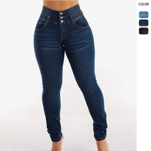 Jeans skinny taille haute pour femmes avec ceinture élastique et boutons décoratifs Levoire