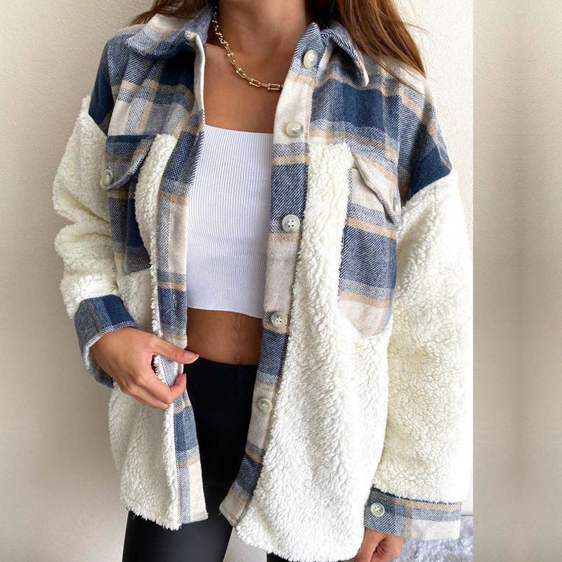 Veste en sherpa confortable et à la mode pour femmes avec motif à carreaux Levoire