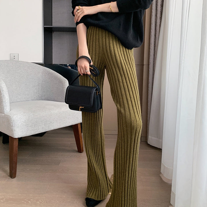 Pantalon en tricot côtelé confortable pour femme avec jambe large et taille haute Levoire