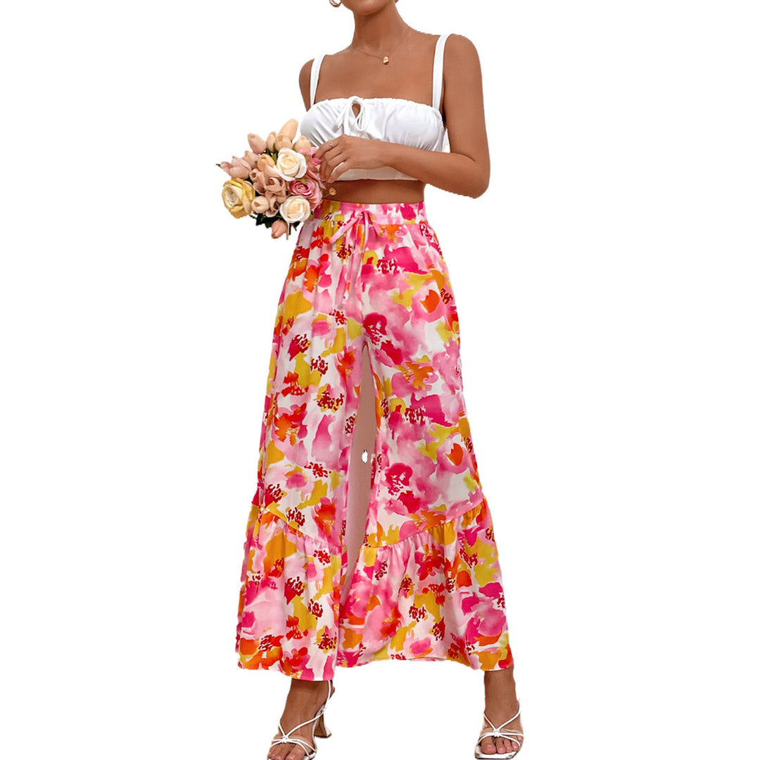 Pantalon Palazzo large pour femmes avec un design floral coloré et des détails en volants Levoire