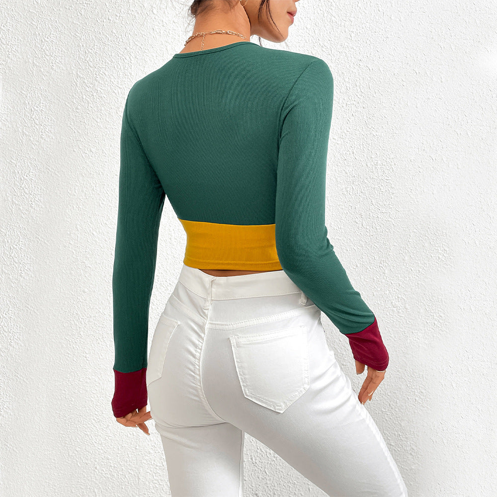 T-shirt court pour femmes avec design en bloc de couleur et manches longues Levoire