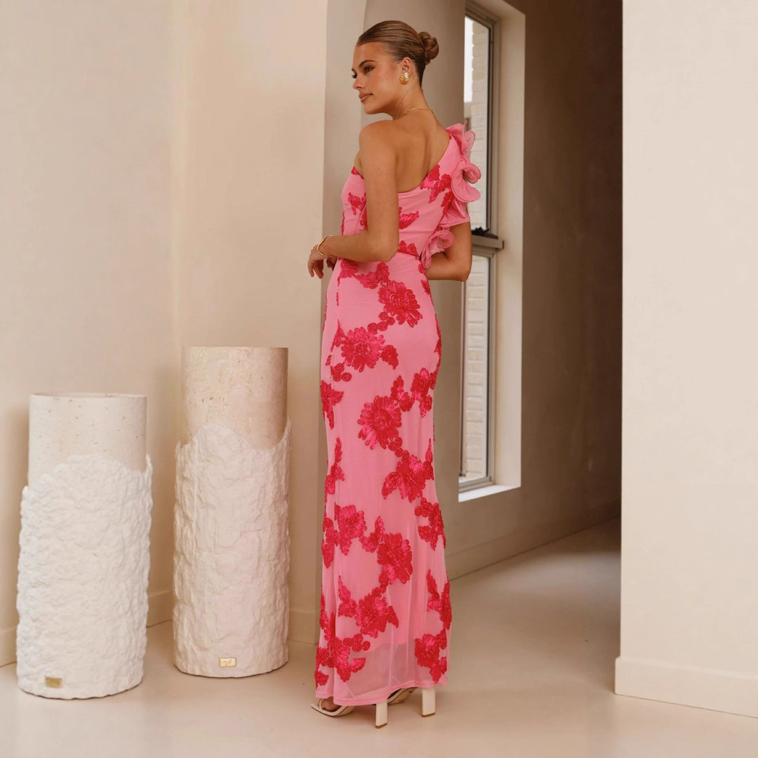 Robe de soirée élégante pour femmes avec bretelle asymétrique et appliques florales Levoire