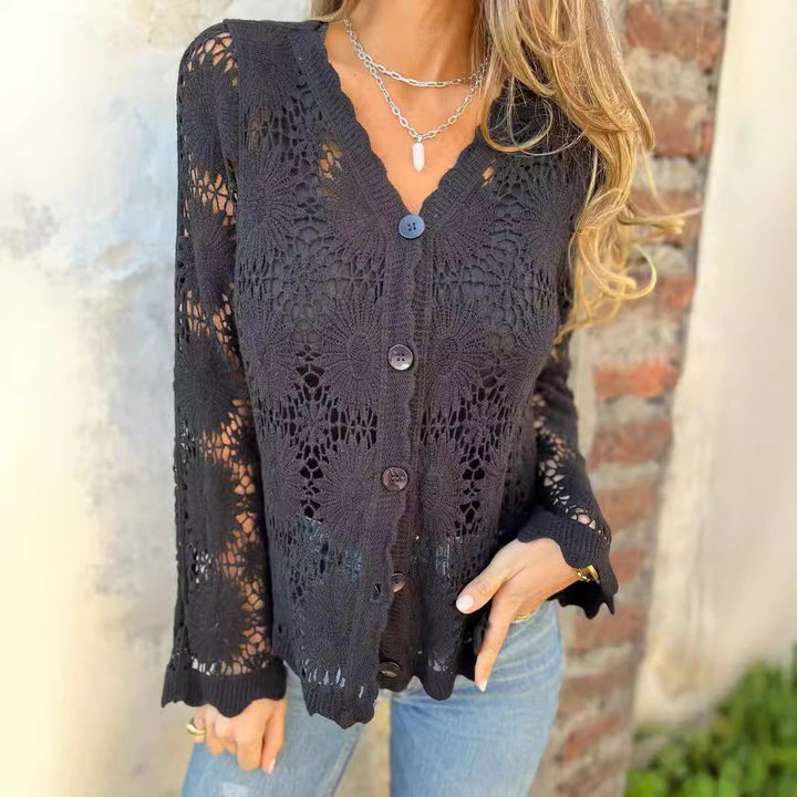 Veste au crochet pour femmes avec motifs floraux et fermeture à boutons Levoire