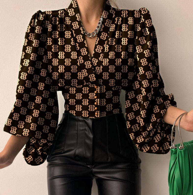 Levoire | Haut à manches bouffantes à décolletage en V romantique Musta Perusta Khaki