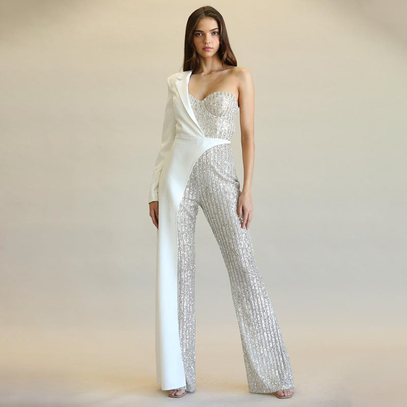 Levoire | Élégant Combinaison à Une Épaule en Paillettes Blanc