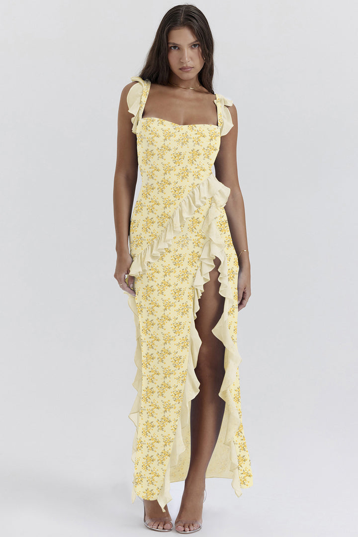 Robe asymétrique élégante pour femmes avec détails en volants et motif floral Levoire