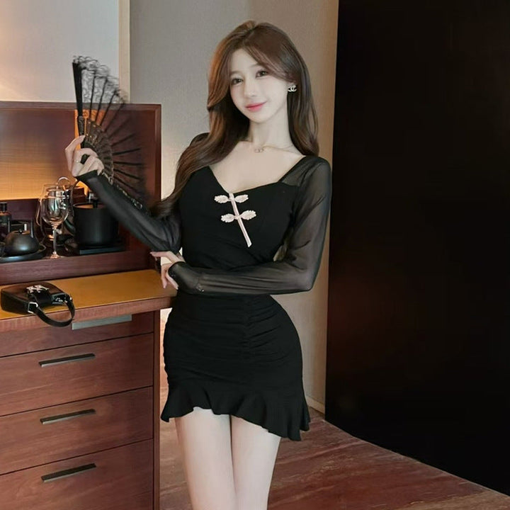 Levoire | Sexy Réseau Manche Longue Robe Bodycon en Coton noir