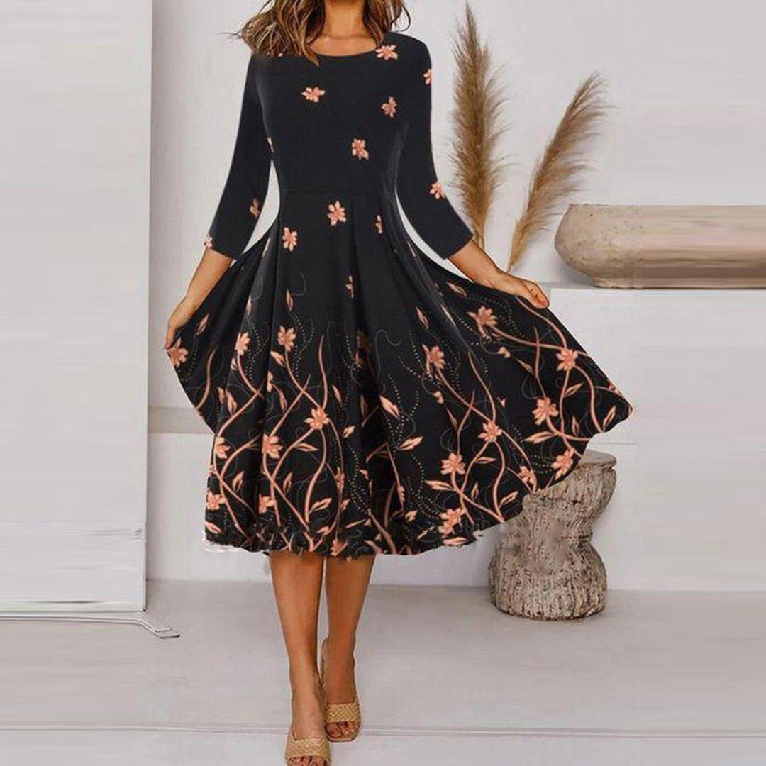 Levoire | Rentoa Print Col Ronde Mi-Longue Robe à Manches Longues Couleur de fleurs