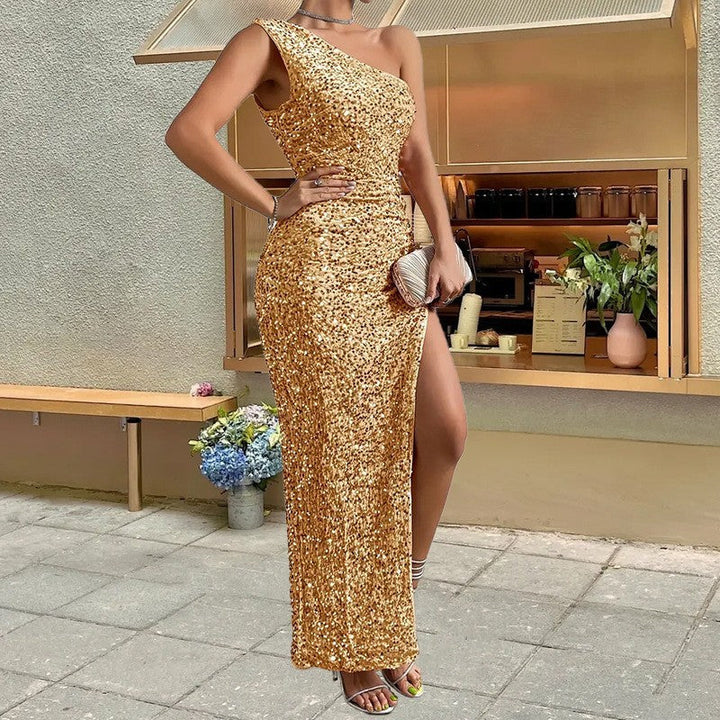 Levoire | Robe en dentelle asymétrique à une épaule élégante Or