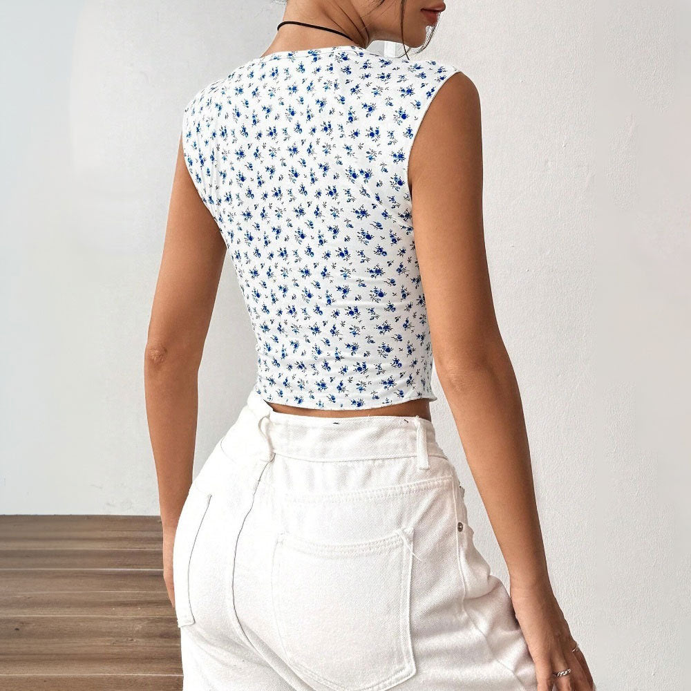 T-shirt court à la mode pour femmes avec motif floral et détails froncés Levoire