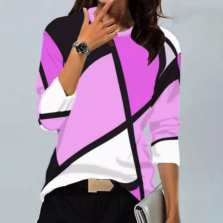 Levoire | Trendik Vintage Imprimé Géométrique Col Rond Chemise à Manches Longues 5#Rosa Liila
