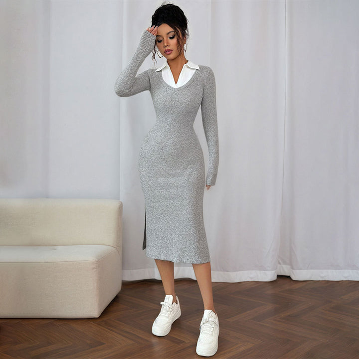 Robe longue ajustée à manches longues pour femmes avec col polo tendance et fente latérale Levoire