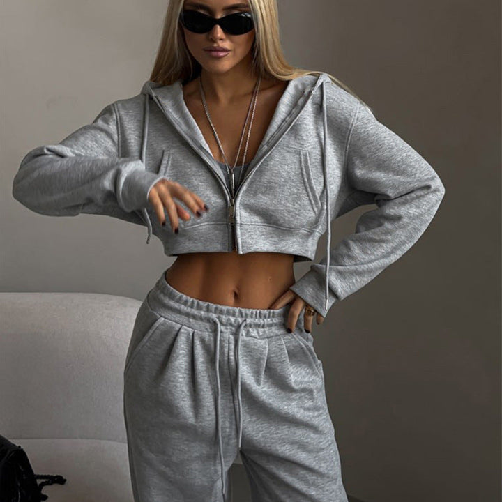 Levoire | Sweat à capuche court à taille serrée - cardigan en tricot avec poches kangourou Gris