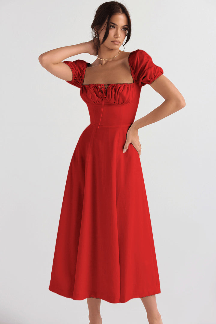 Robe Midi Élégante Femme avec Manches Bouffantes et Encolure Raffinée Levoire