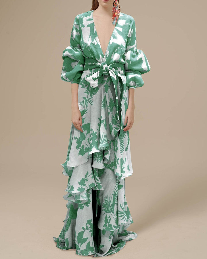 Levoire | Robe De Fête En Chiffon Fleuri Avec Volants Pour Femmes Vert clair