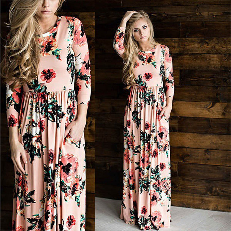 Levoire | Robe à fleurs Robe longue Robe à fleurs Jupe large Robe Rosa Manches Longues