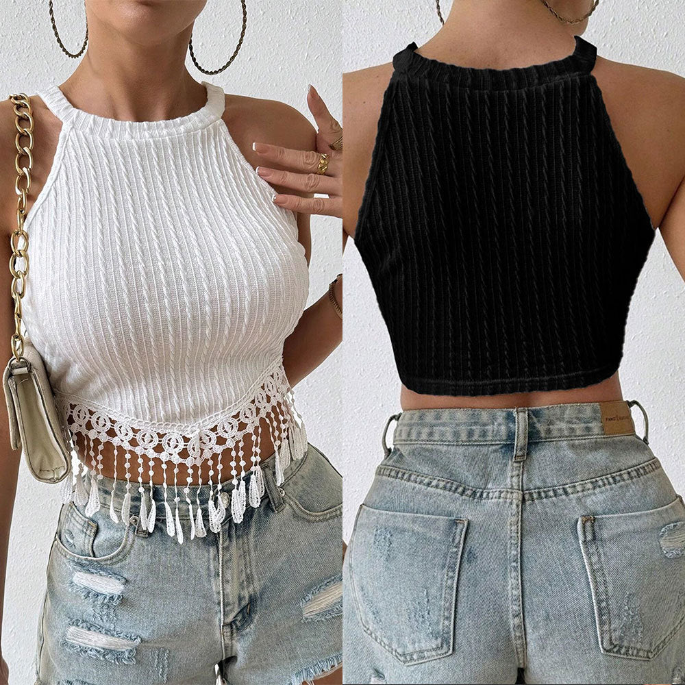 Haut de bikini femme avec franges et motif en fine crochet Levoire