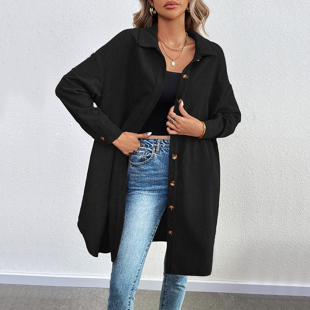 Veste chemise à manches longues pour femmes en corduroy doux avec patte de boutonnage Levoire