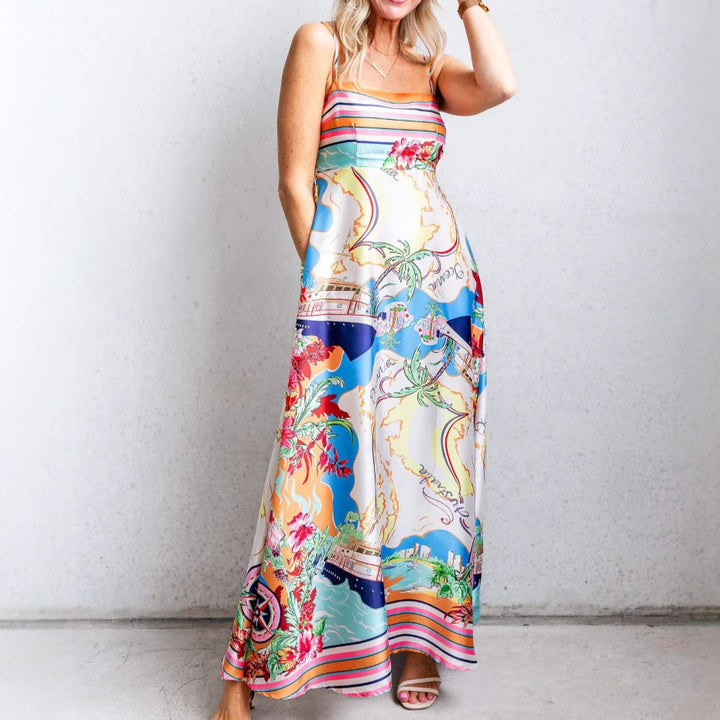 Robe maxi femme avec imprimé coloré et bretelles spaghetti Levoire